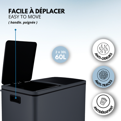 tret in die pedale Poubelle tri 60L MAJOR gris mat double bac à pédale – Kitchen Move – REDDECO.COM