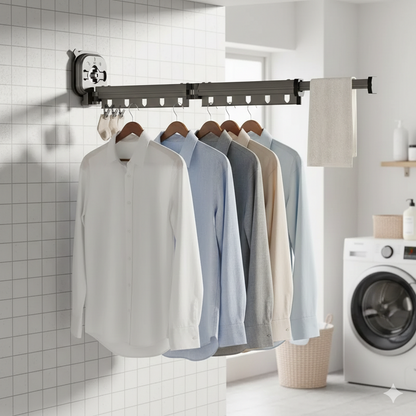 Séchoir à Linge Mural en Aluminium PYTHON 92cm - Extensible et Pliable – Avec 10 Crochets et Emplacements pour Cintres - Ventouses Puissantes - Pour Balcon, Salle de Bain, Buanderie