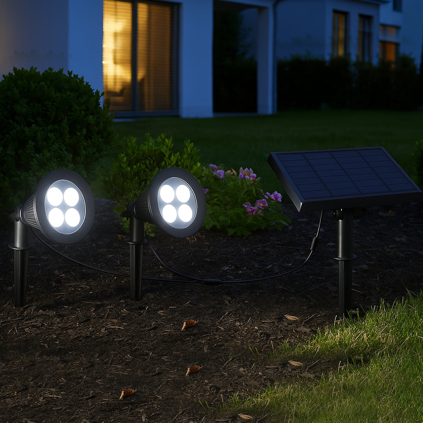 Doppelter Solarstrahler verbunden mit ferngesteuertem 2-in-1-Solarpanel zum Stechen oder Befestigen einer leistungsstarken dimmbaren weißen LED-Beleuchtung FAMILY SPIKY H34cm