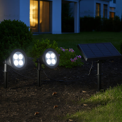 Doppelter Solarstrahler verbunden mit ferngesteuertem 2-in-1-Solarpanel zum Stechen oder Befestigen einer leistungsstarken dimmbaren weißen LED-Beleuchtung FAMILY SPIKY H34cm