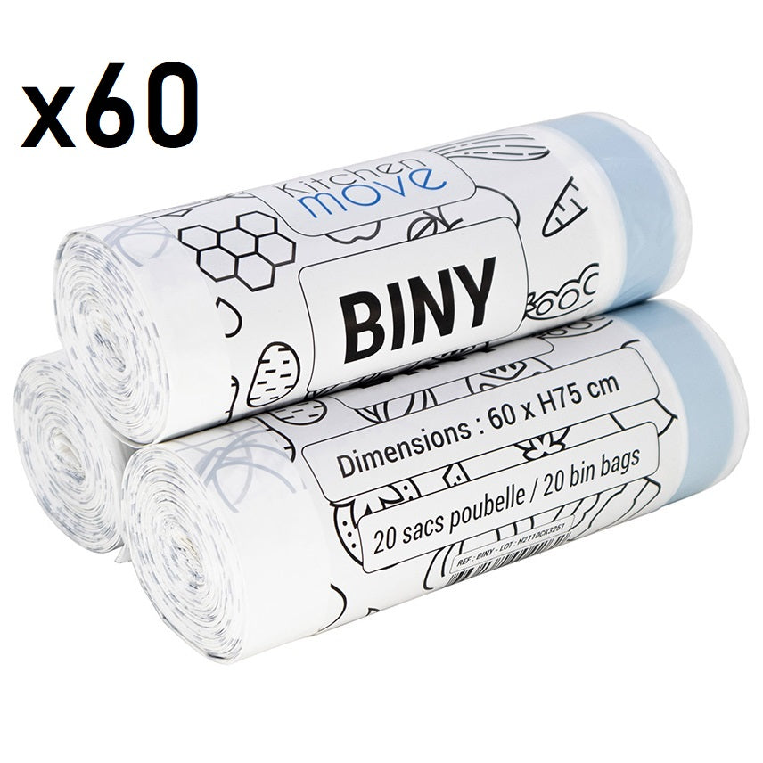 Lot de 60 sacs poubelles blanc 50L 60 x H75 CM BINY Ultra résistant 23 microns avec lien coulissant