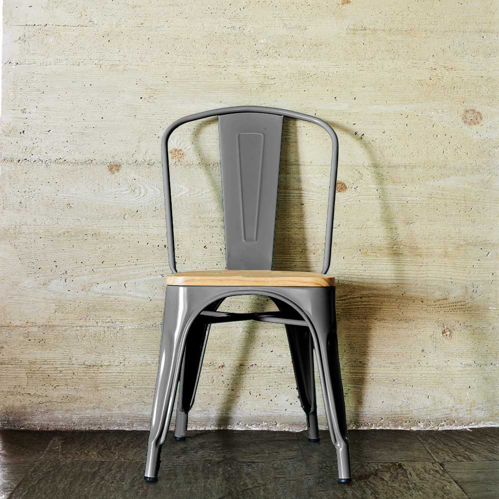 Lot de 4 chaises GASTON en métal gris style industriel avec assise en bois massif clair