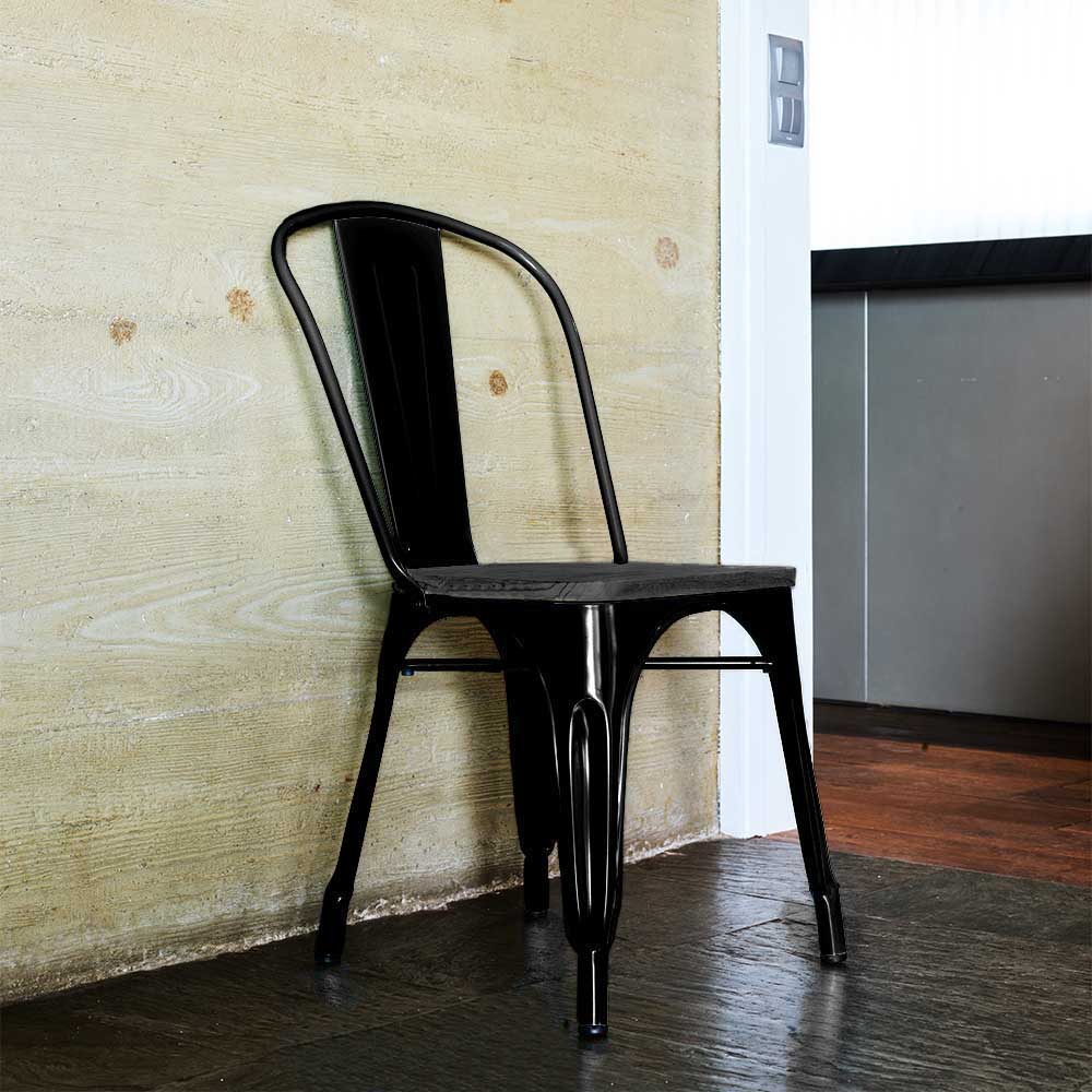 Lot de 4 chaises GASTON en métal noir style industriel avec assise en bois massif foncé