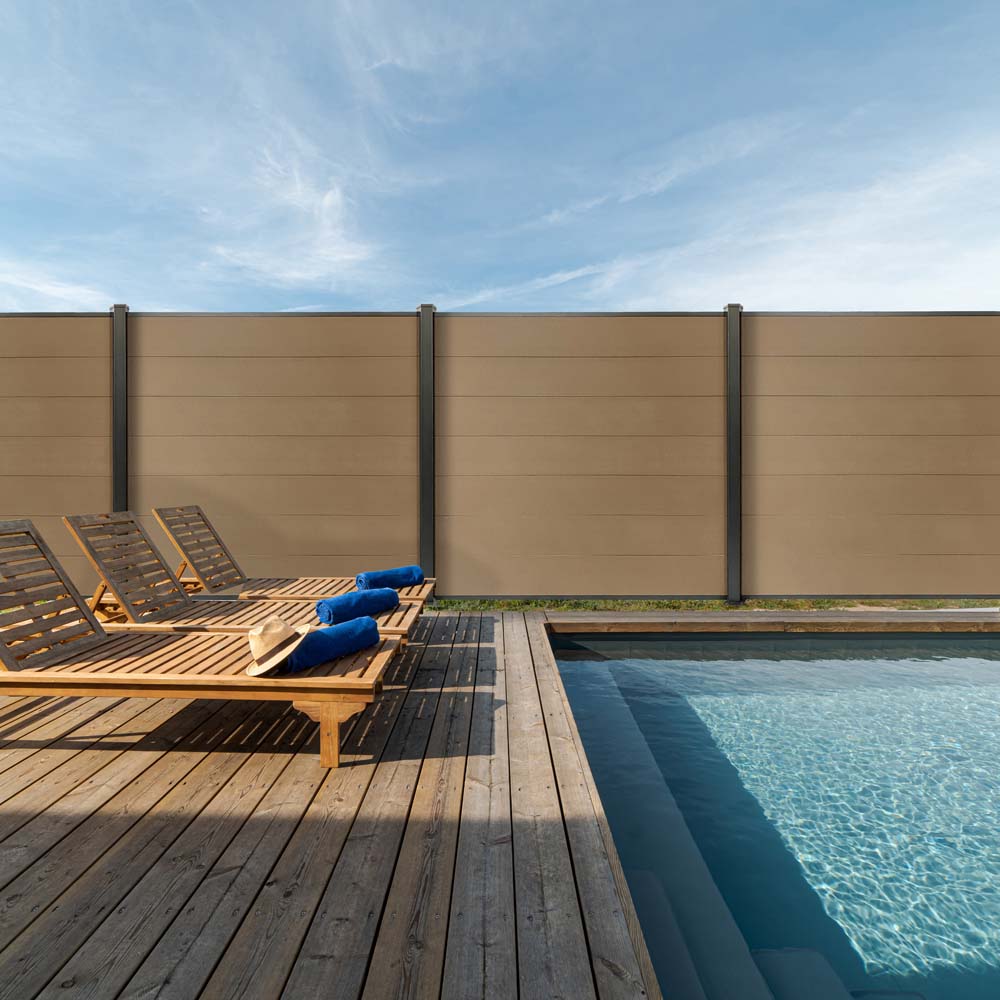 Kit clôture jardin panneaux occultant en bois composite marron et aluminium - Set de base + 3 extensions : longueur 7.55m