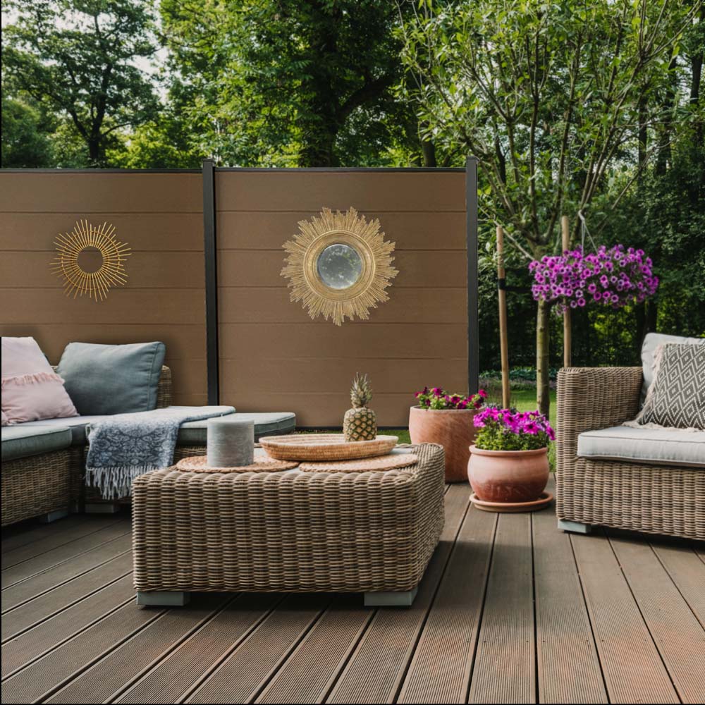 Kit clôture jardin panneaux occultant en bois composite marron et aluminium - Set de base + 3 extensions : longueur 7.55m