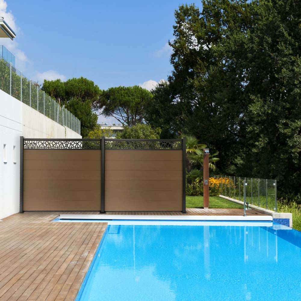 Kit clôture jardin panneaux occultant en bois composite marron et aluminium - Set de base + 1 extension : longueur 3.81m