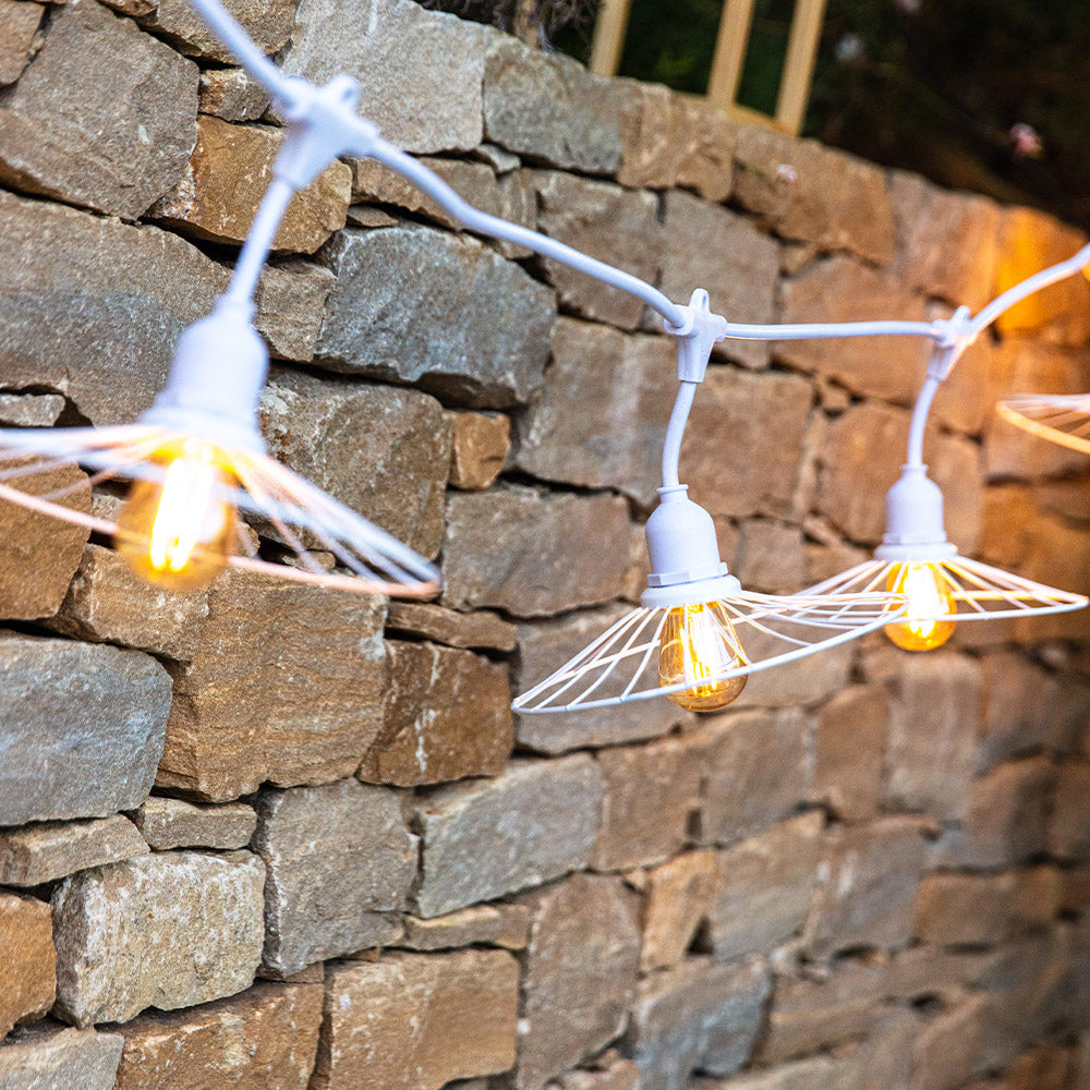 Outdoor light garland with cage-effect steel shade 10 warm white LED E27 filament bulbs CHIC WHITE LIGHT 6m