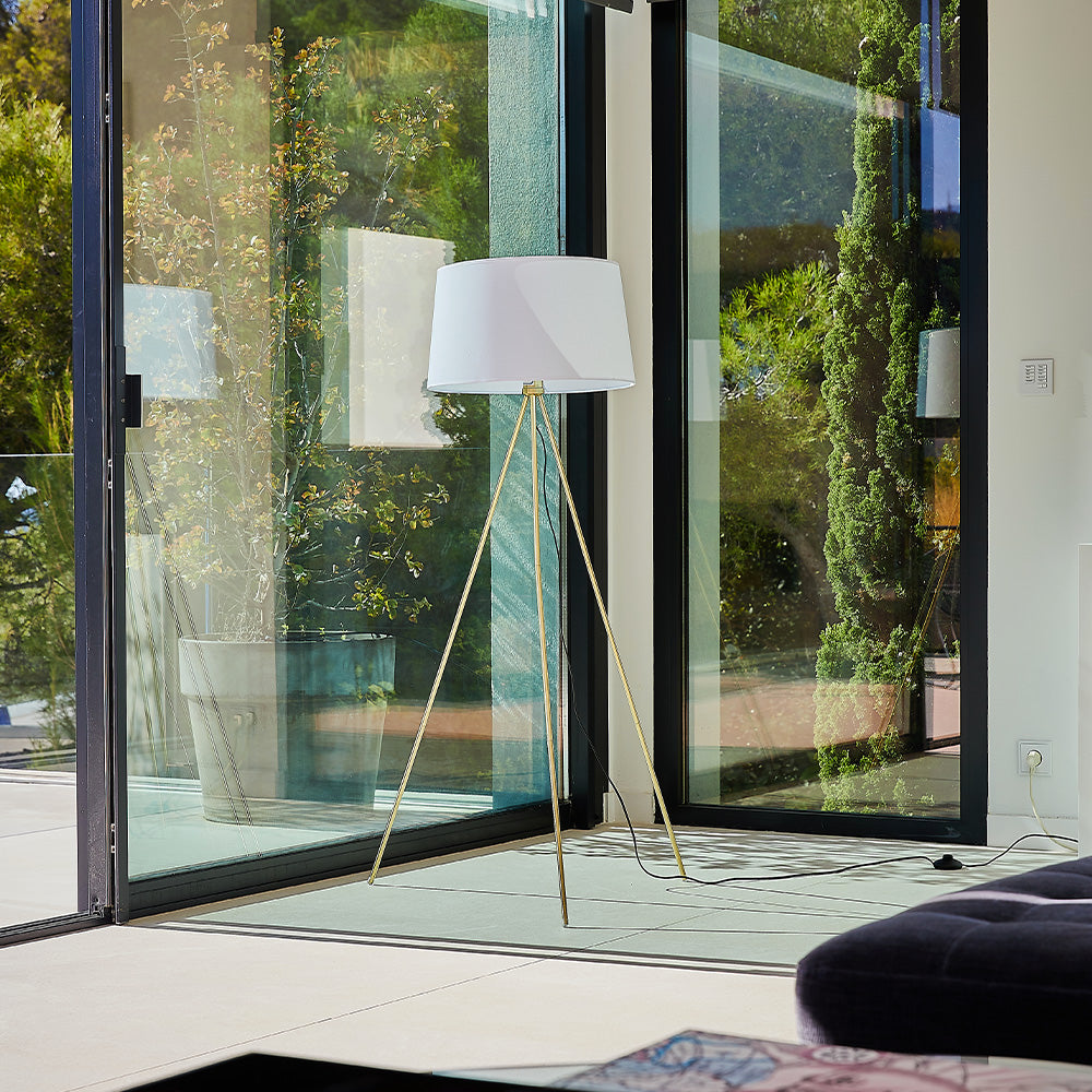 Tripod floor lamp ELLIA GOLD white fabric lampshade and brass finish metal foot with E27 socket H140 cm