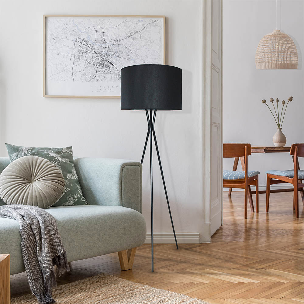 Tripod floor lamp NOELIE BLACK black fabric lampshade and metal foot with E27 socket H150 cm