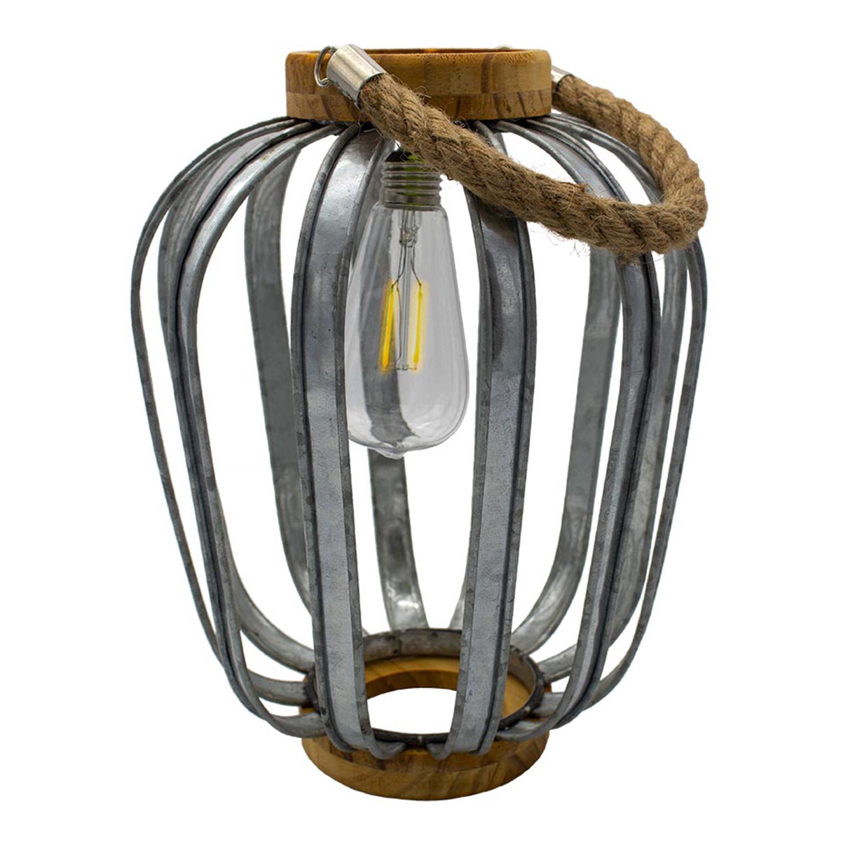 Lanterne solaire bohème en bois et acier galva poignée corde ampoule filament LED blanc chaud JAVA H45cm - REDDECO.com