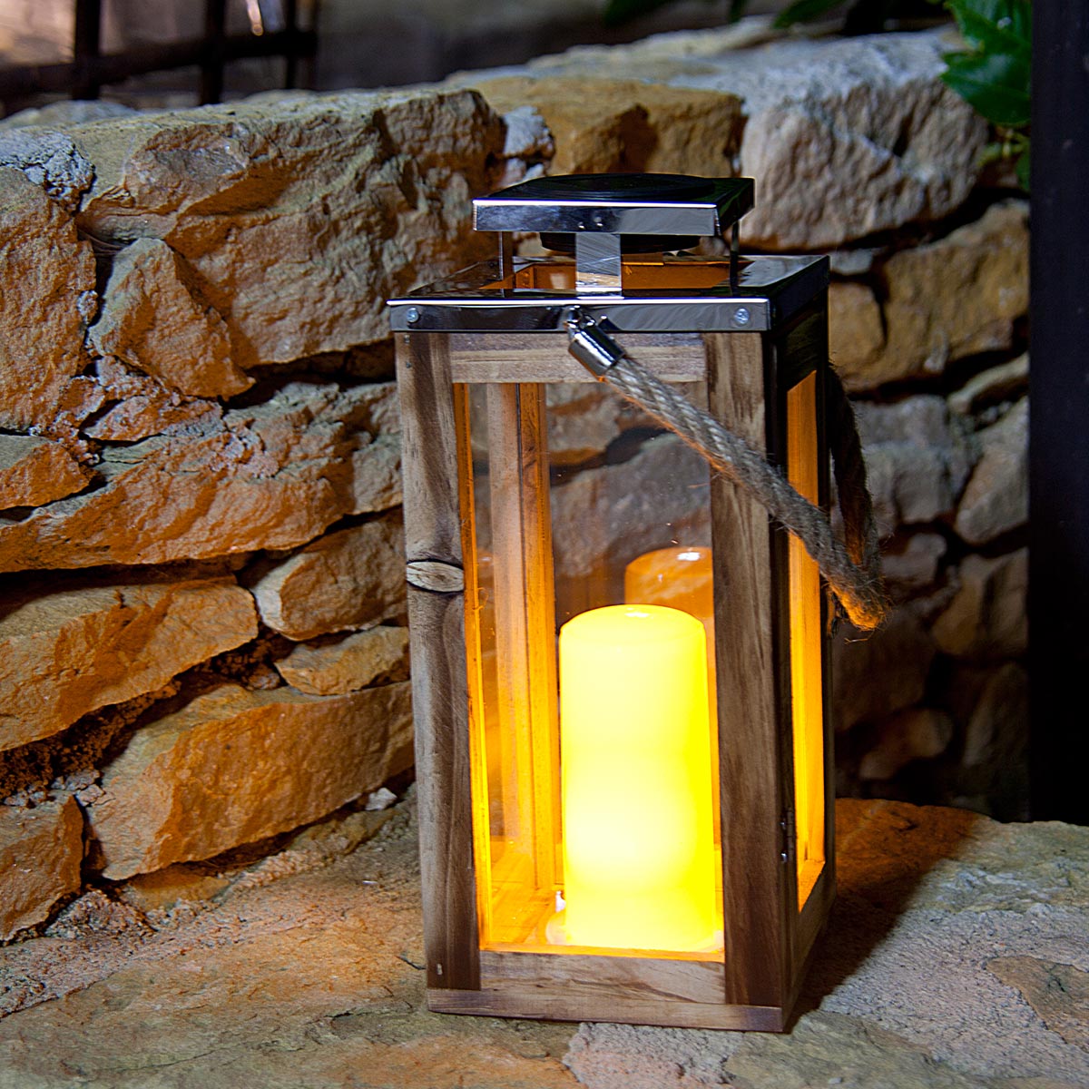 Lanterne solaire chic en bois naturel et inox effet bougie LED blanc c –