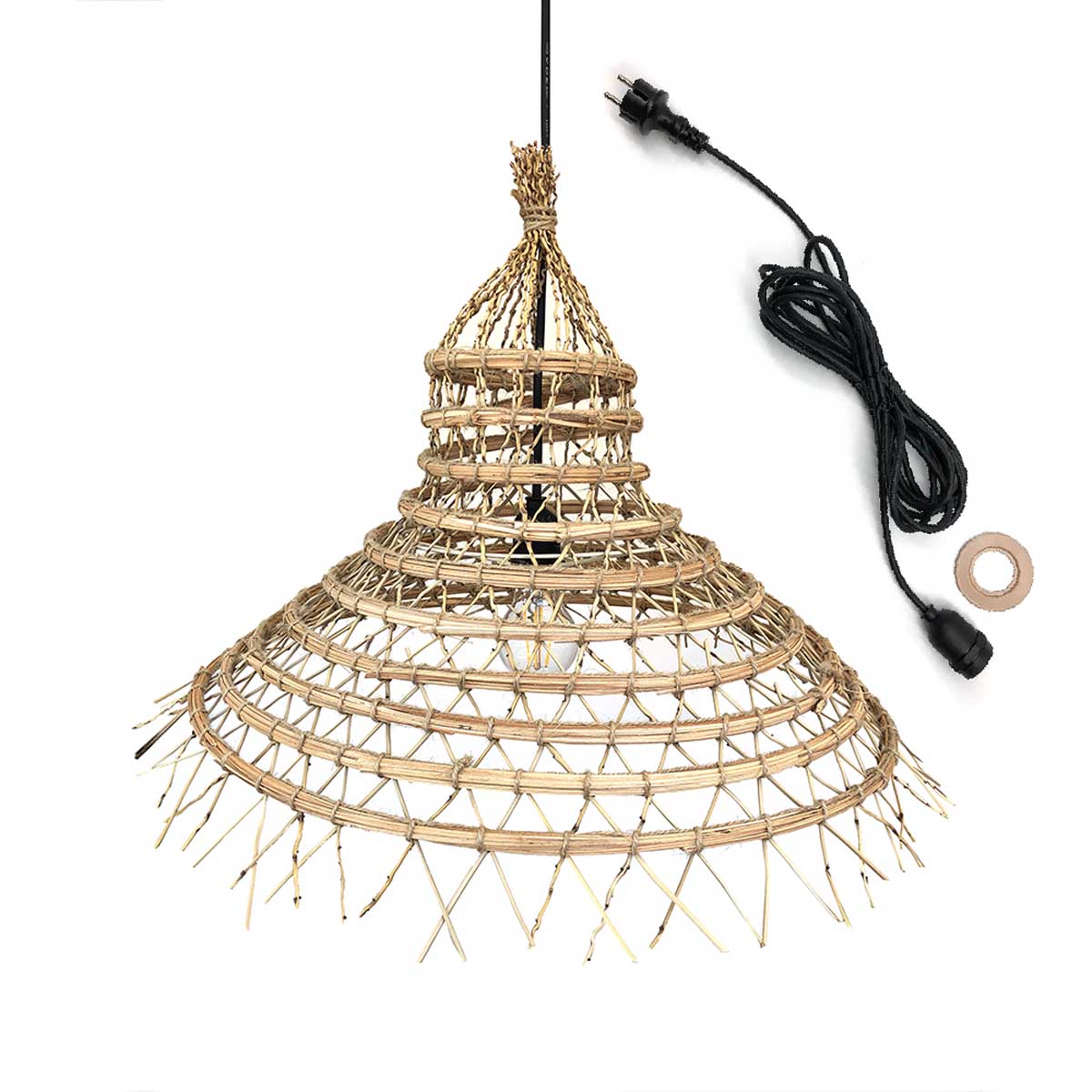 Mains-powered pendant lamp for outdoor use GAIA OUTDOOR CABLE in bohemian natural date palm fiber 5m cable length